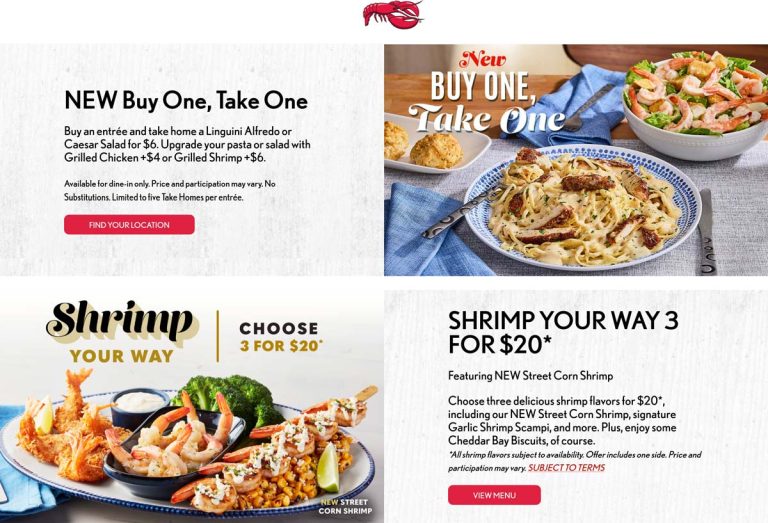 Second entree $6 via takeout at Red Lobster