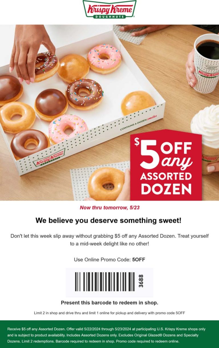 $5 off an assorted dozen doughnuts at Krispy Kreme, or online via promo code 5OFF