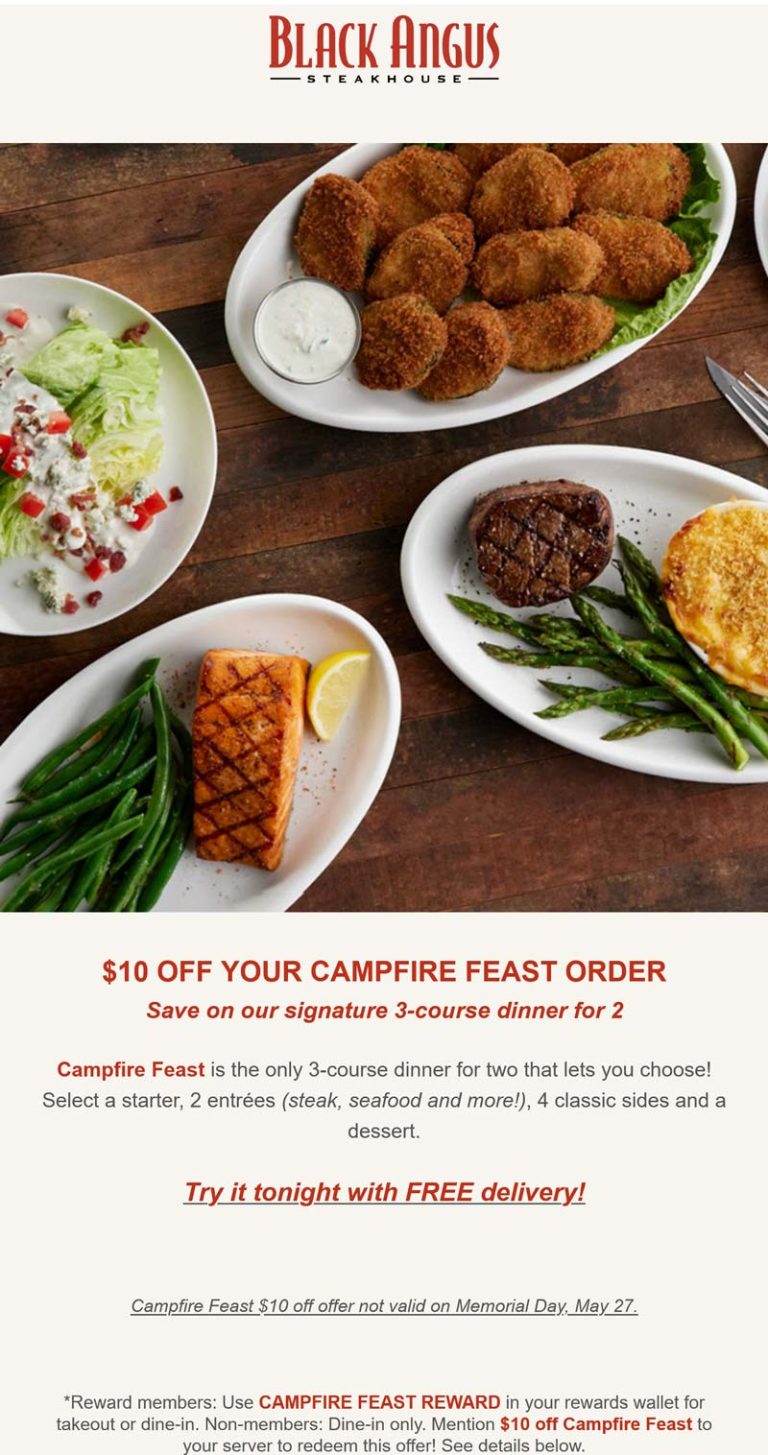 $10 off campfire feast for 2 at Black Angus steakhouse restaurants
