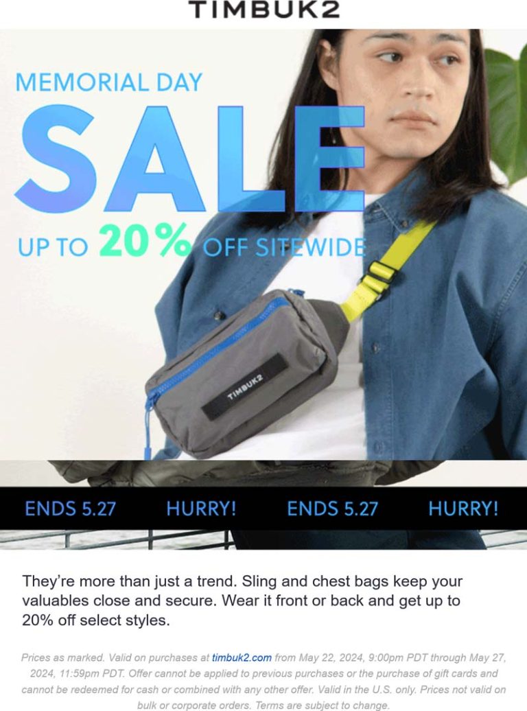 20% off slings & more online at Timbuk2
