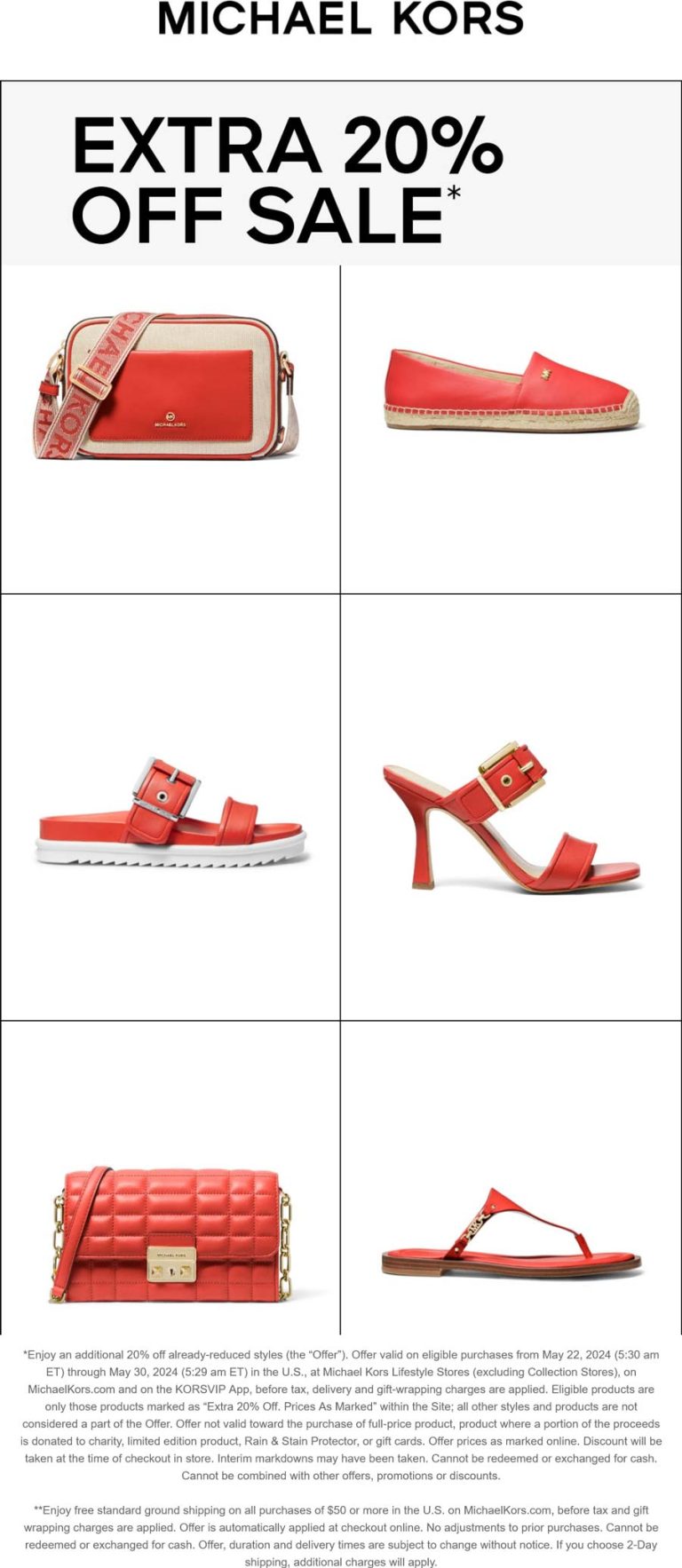 Extra 20% off sale items at Michael Kors, ditto online
