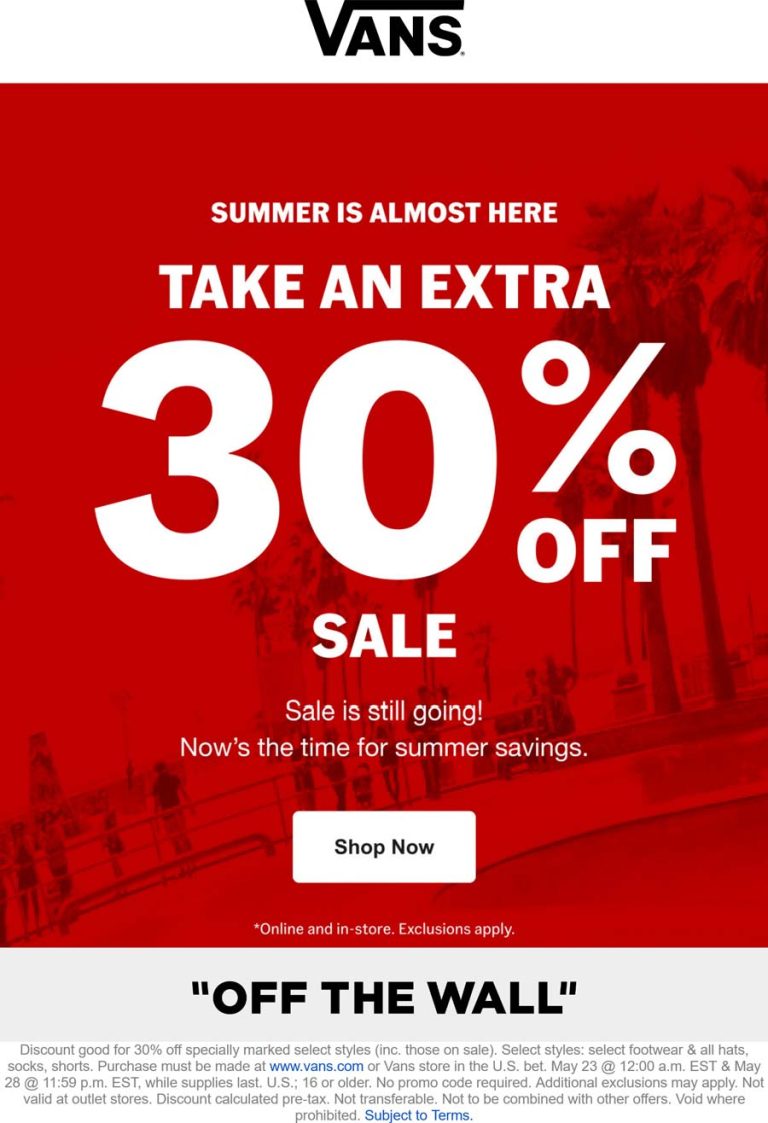 Extra 30% off sale items at Vans, ditto online