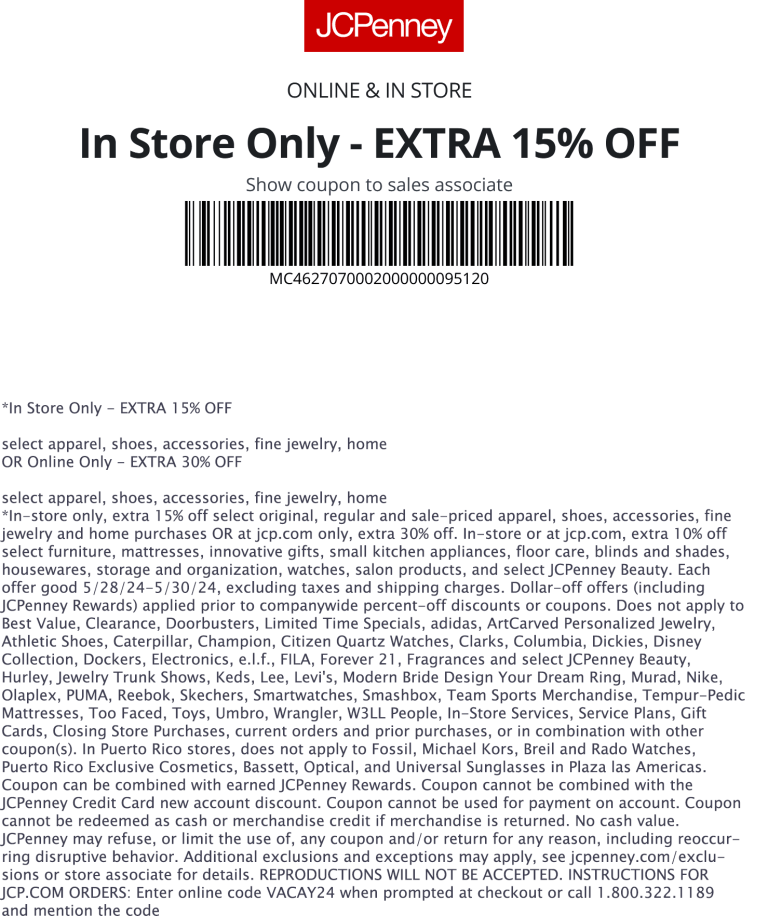 15% off today at JCPenney, or online via promo code VACAY24