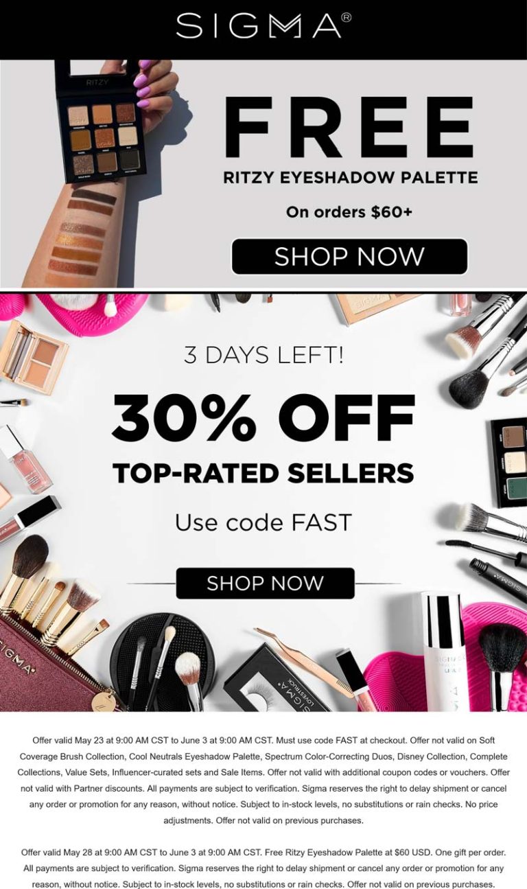 30% off + free eyeshadow palette on $60 at Sigma