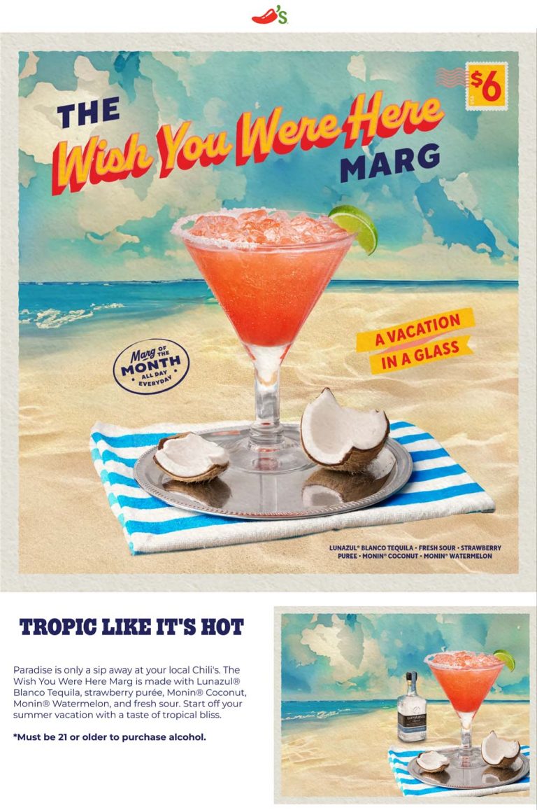 Watermelon margarita = $6 all month at Chilis restaurants