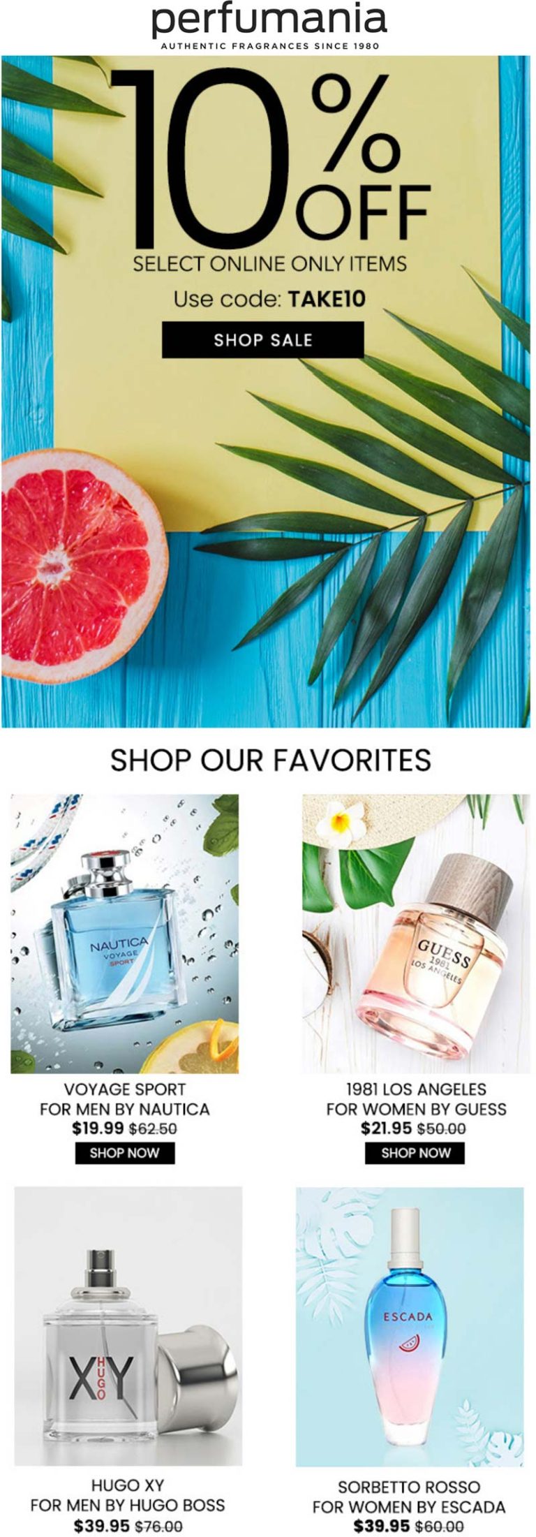 10% off online items today at Perfumania via promo code TAKE10