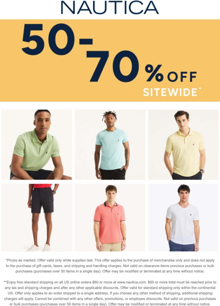 50-70% off everything online at Nautica