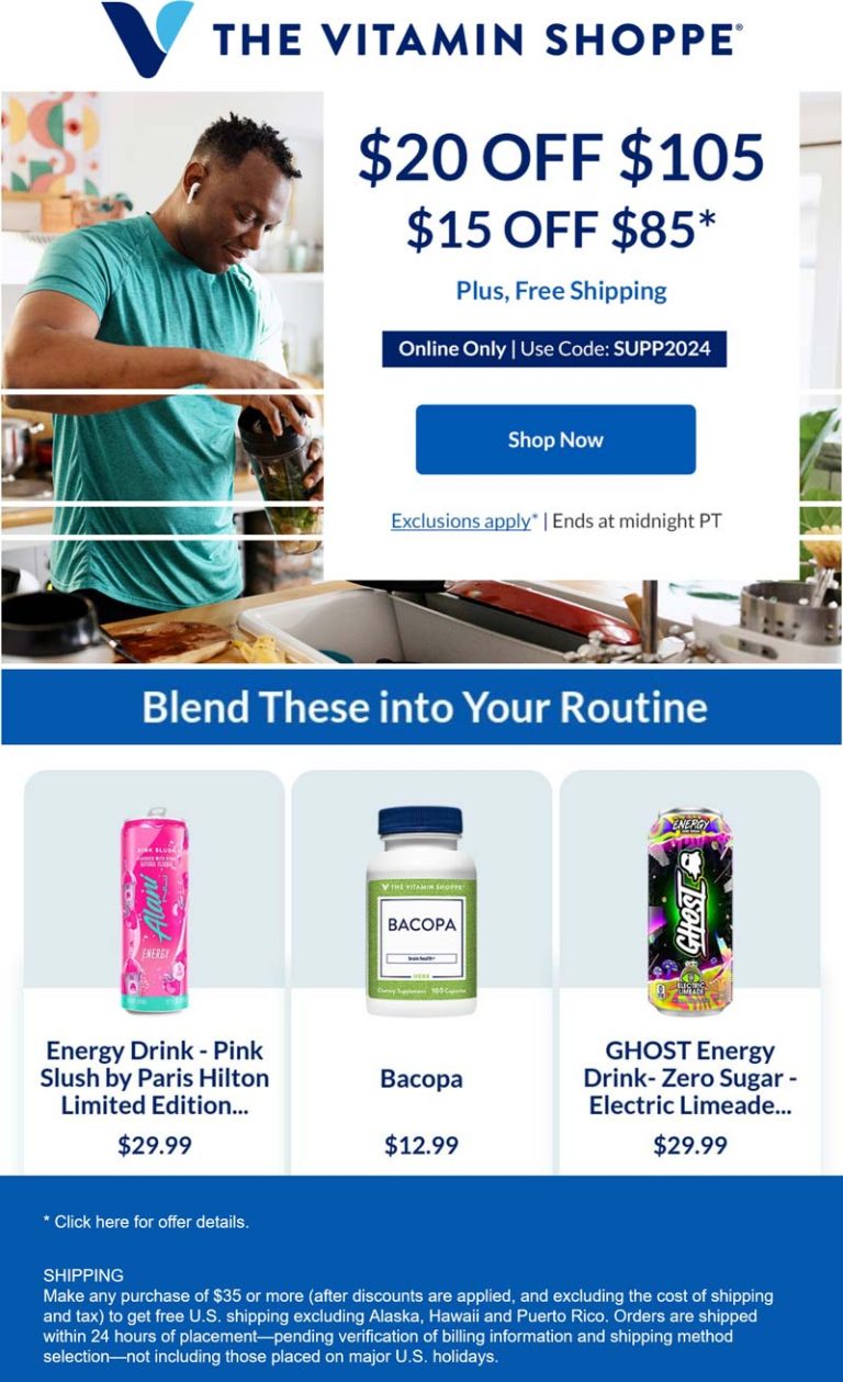 $15-$20 off $85+ today at The Vitamin Shoppe via promo code SUPP2024