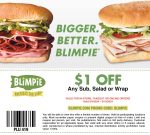 $1 off at Blimpie sub sandwich shop, or online via promo code BLIMPIE #blimpie