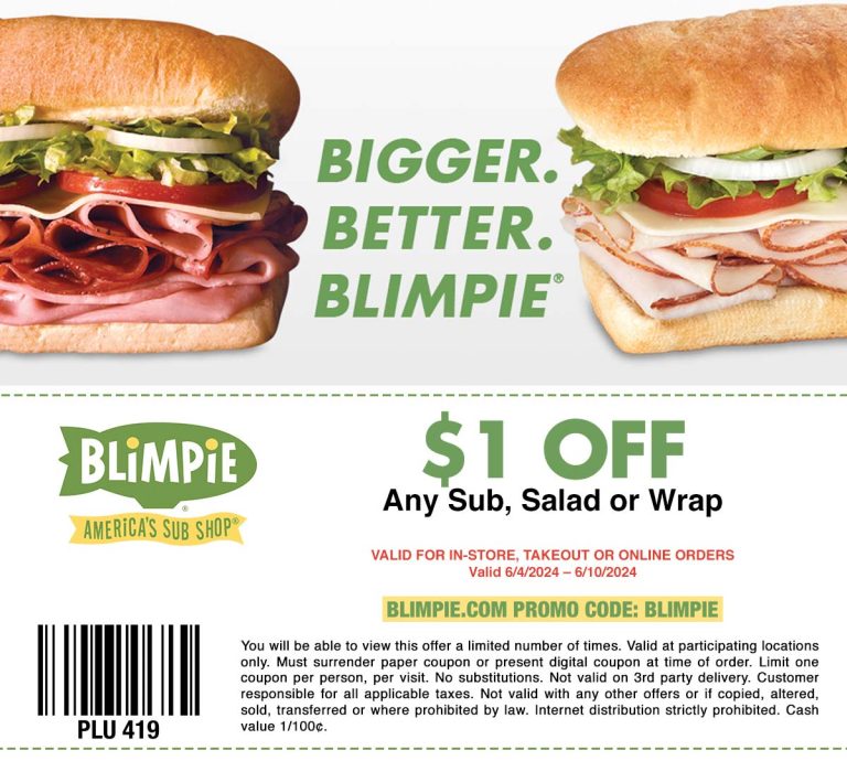 $1 off at Blimpie sub sandwich shop, or online via promo code BLIMPIE