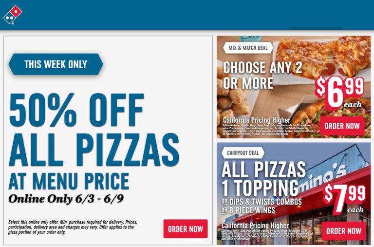 50% off all pizza at Dominos