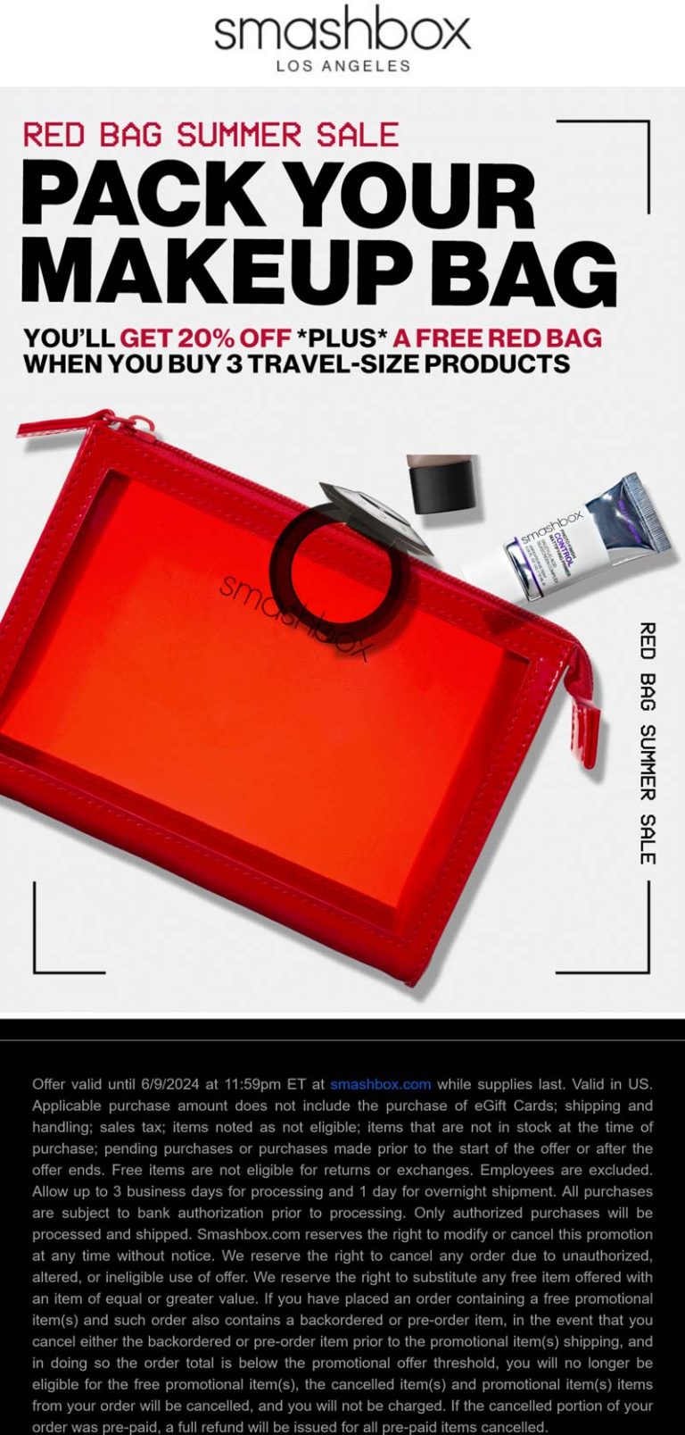 20% off + a free bag with your travel size products at Smashbox