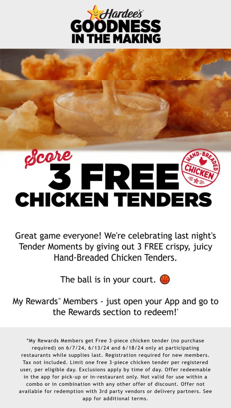 Free 3-piece chicken tender today via login at Hardees, no purchase necessary