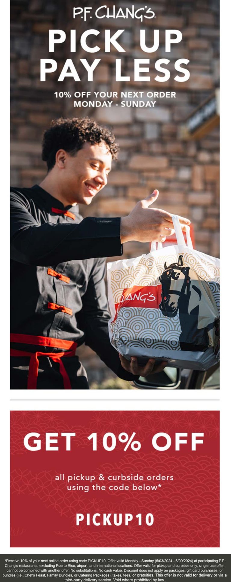 10% off pickup at P.F.Changs restaurants via promo code PICKUP10
