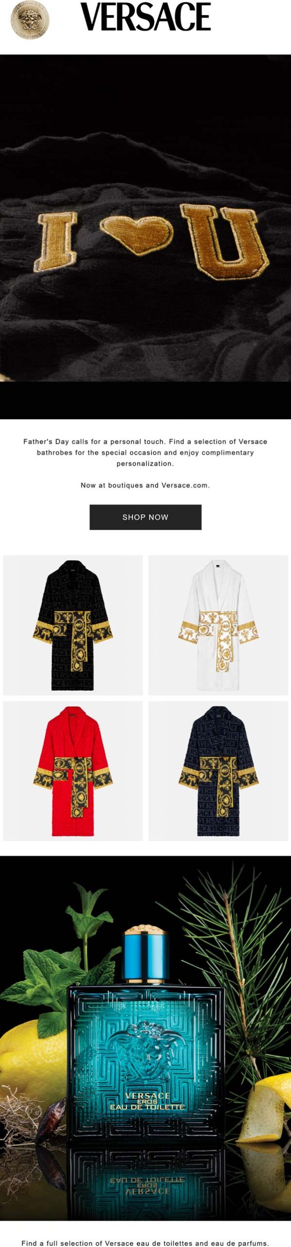 Free personalization on bathrobes for Dad at Versace, ditto online