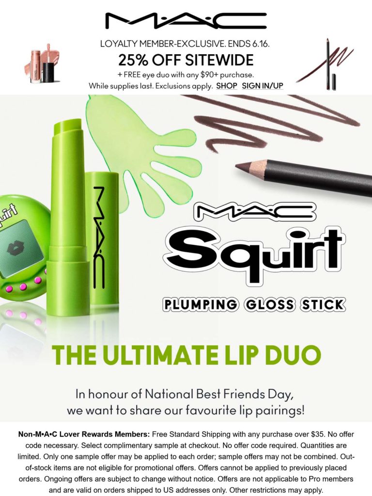 25% off everything online + free eye duo on $90 at MAC cosmetics