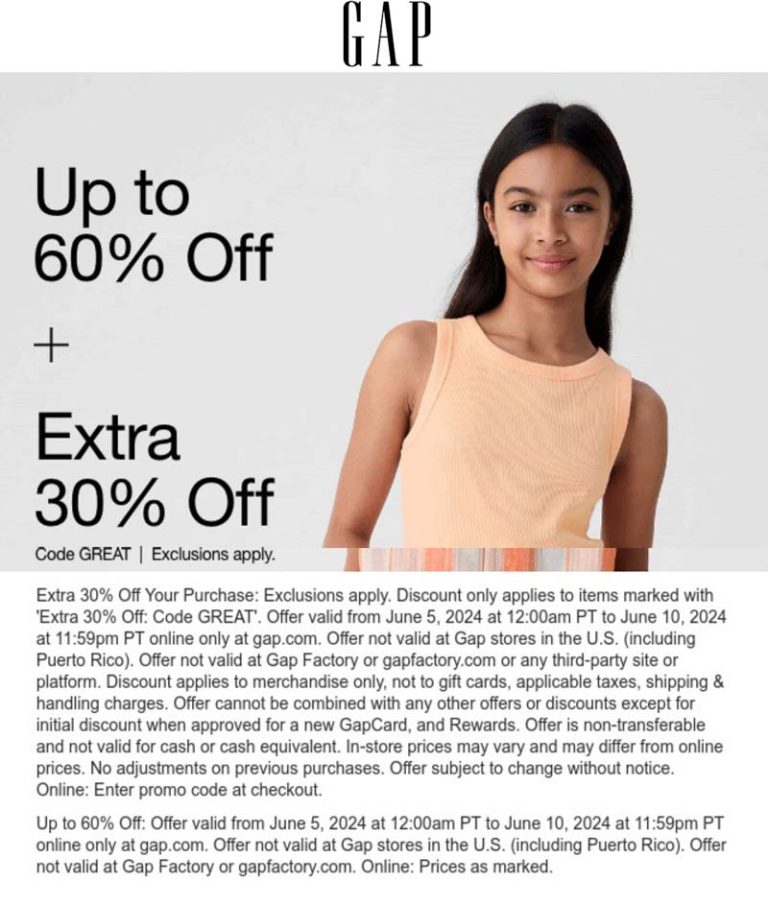 Extra 30% off today at Gap via promo code GREAT