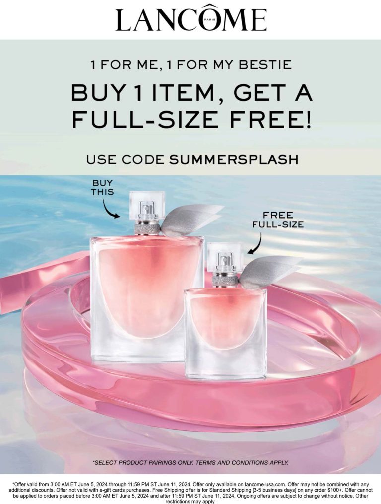 Free full size with any item online at Lancome via promo code SUMMERSPLASH