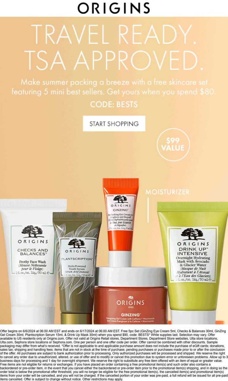 Free 5pc on $80 at Origins via promo code BESTS
