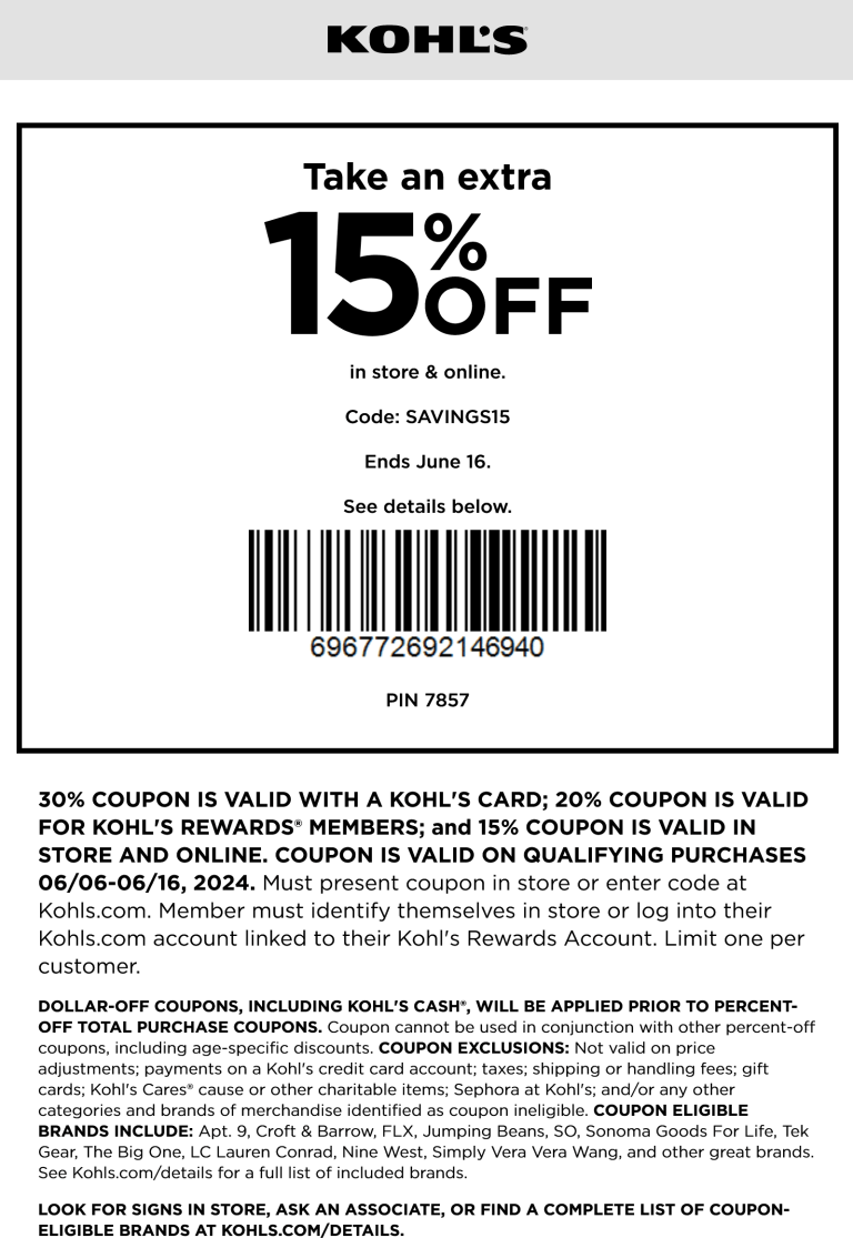 15-20% off at Kohls, or online via promo code SAVINGS15