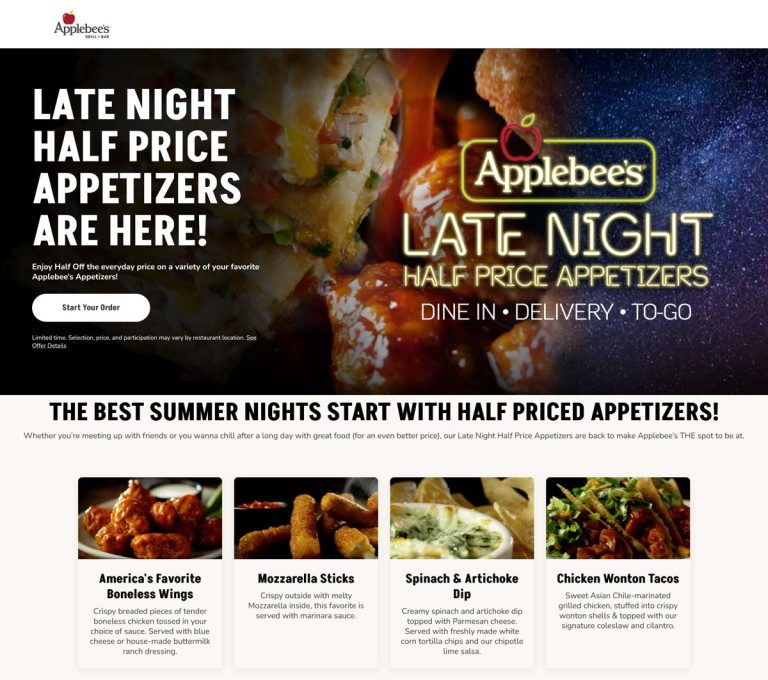 Appetizers are 50% off late night at Applebees restaurants, also via delivery