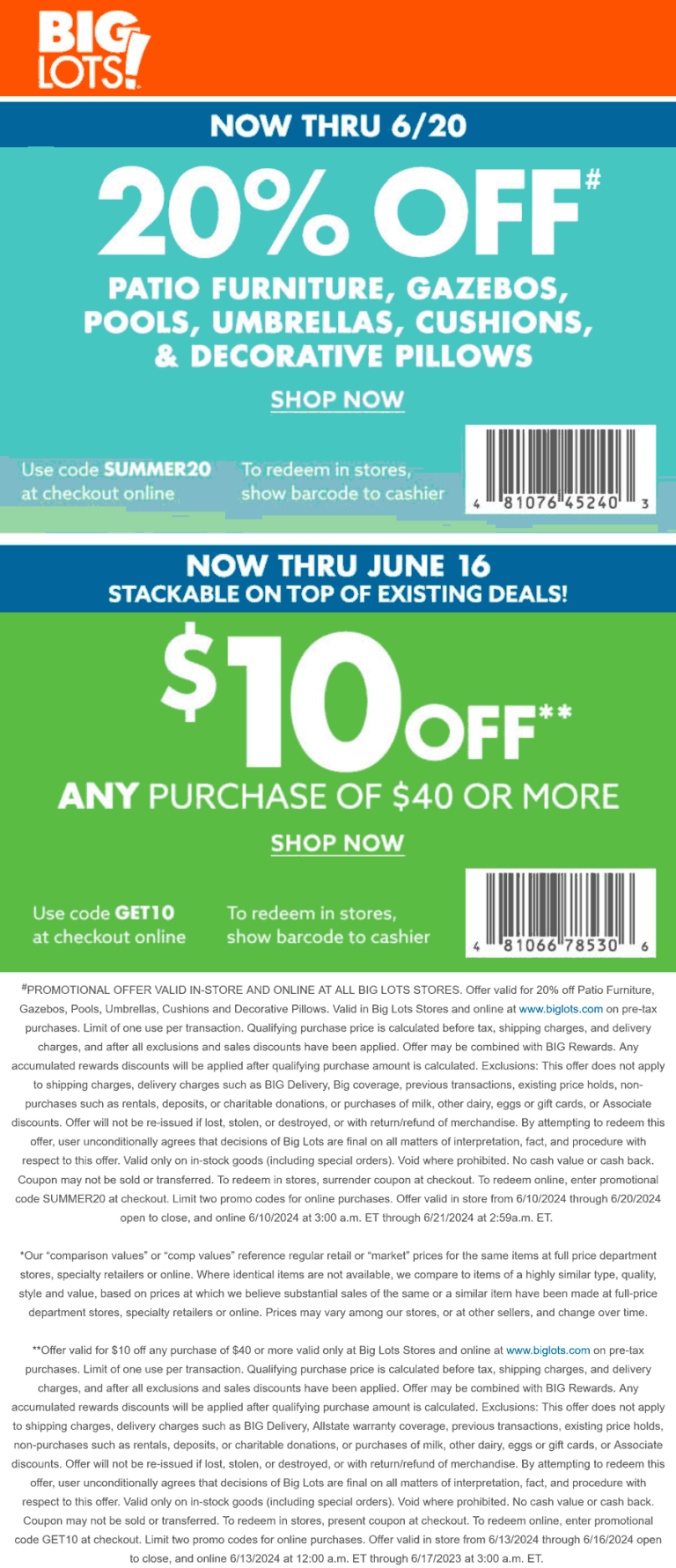 $10 off $40 & more at Big Lots, or online via promo code GET10
