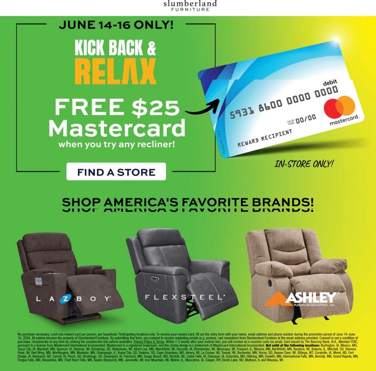 Free $25 cash card at Slumberland Furniture locations nationwide, no purchase required