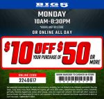 $10 off $50 today at Big 5 sporting goods, or online via promo code 3240617 #big5