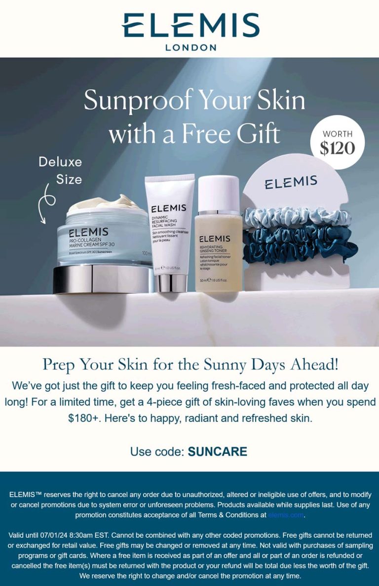 Free 4-pc set on $180+ at Elemis via promo code SUNCARE