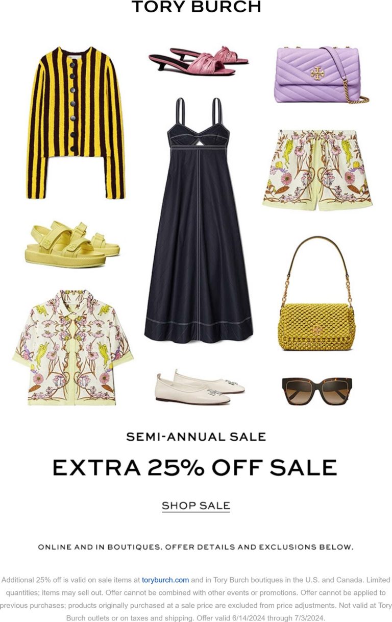 Extra 25% off at Tory Burch, ditto online