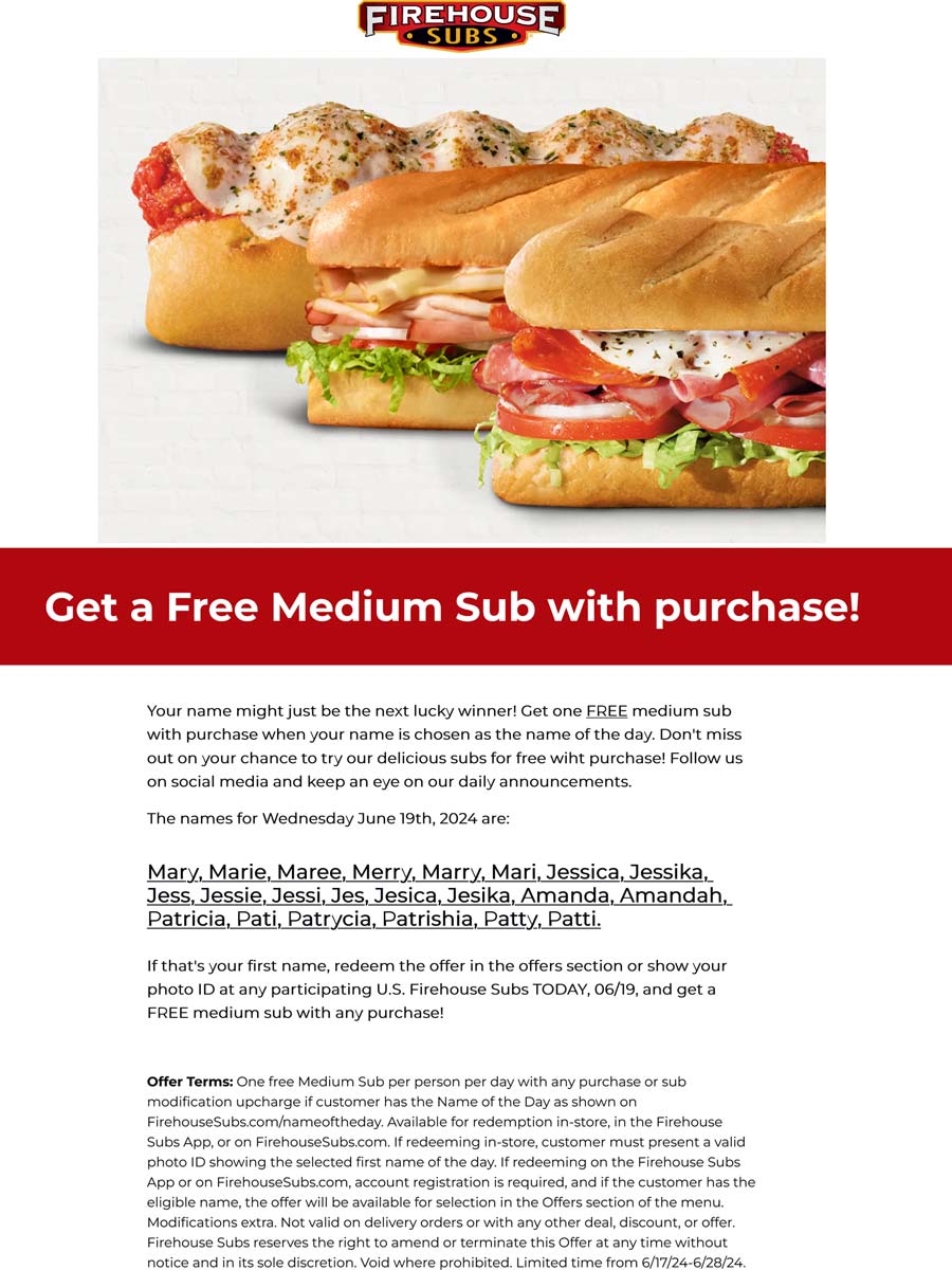 22 different names of the day today score a free sub sandwich at