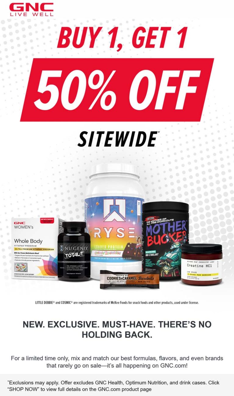 Second item 50% off on everything online at GNC