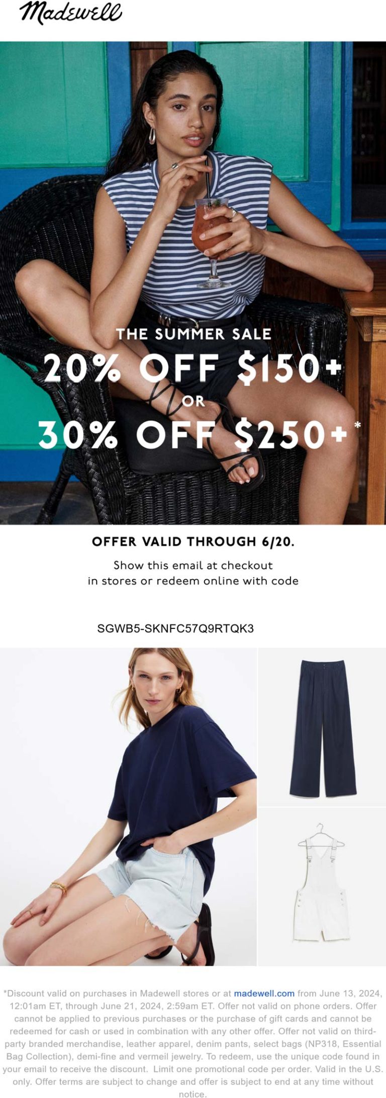 20-30% off $150+ today at Madewell via promo code SGWB5-SKNFC57Q9RTQK3