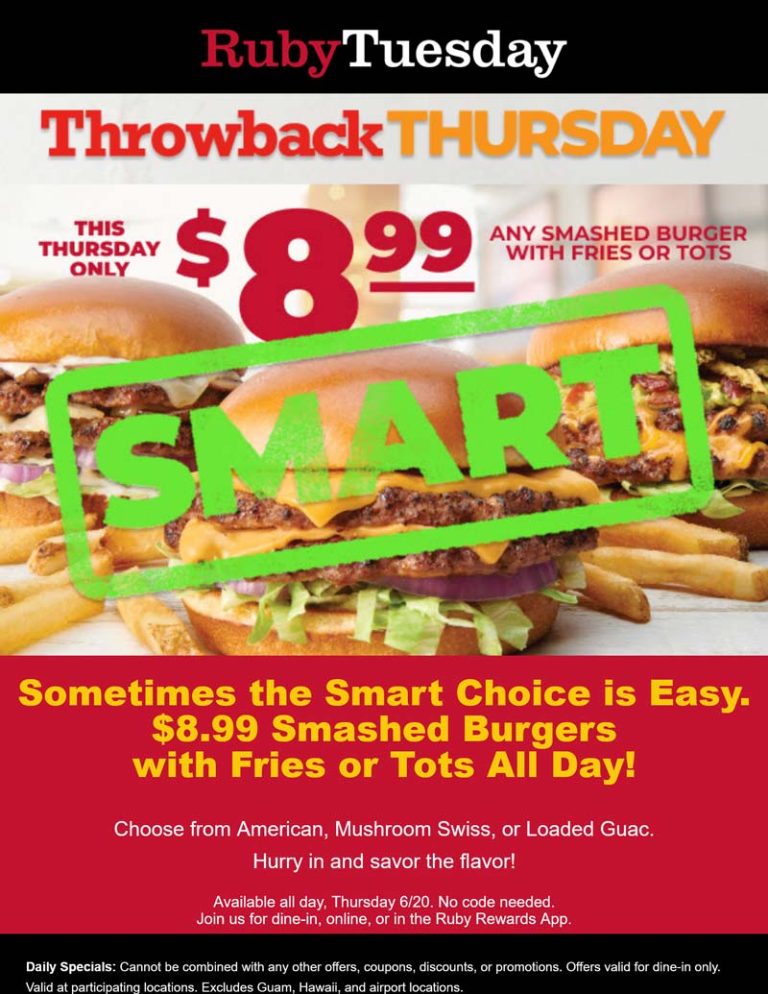 Smashed cheeseburger + fries = $9 today at Ruby Tuesday