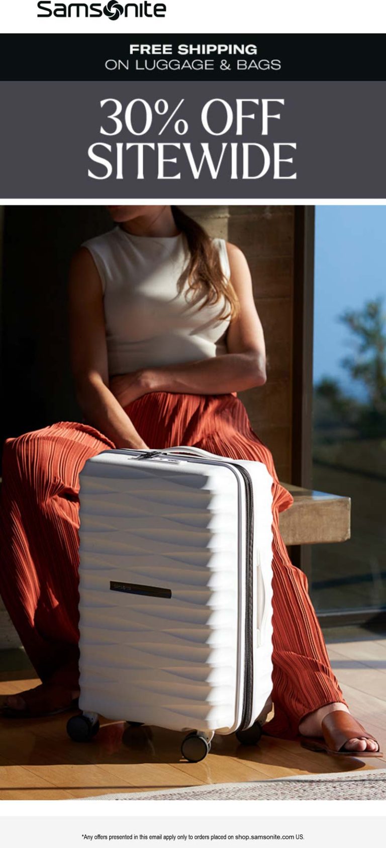 30% off everything online at Samsonite luggage