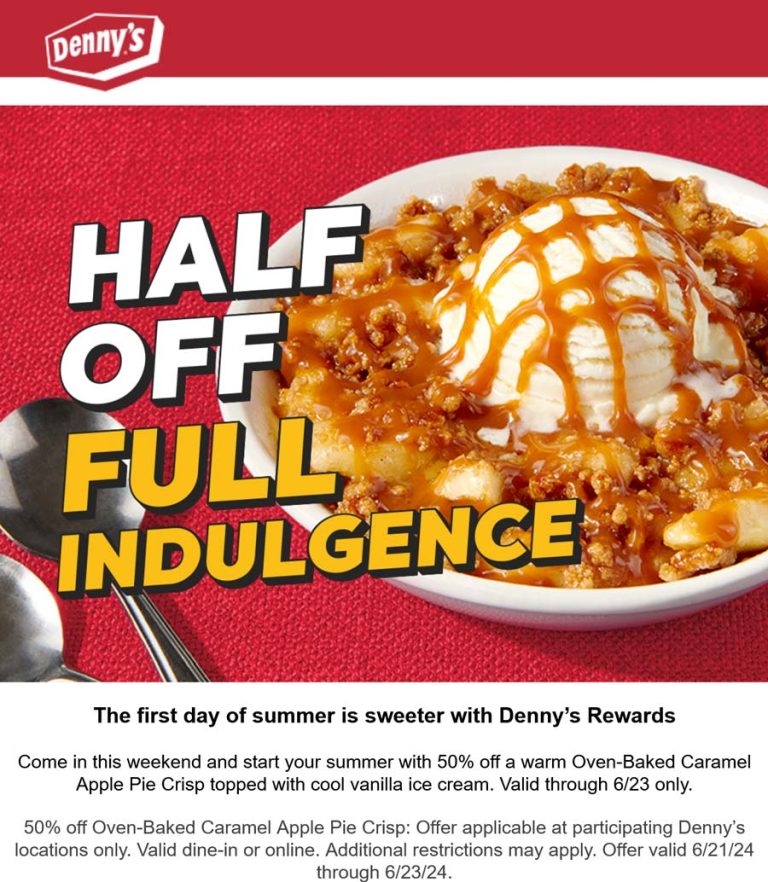 50% off baked caramel apple pie crisp at Dennys