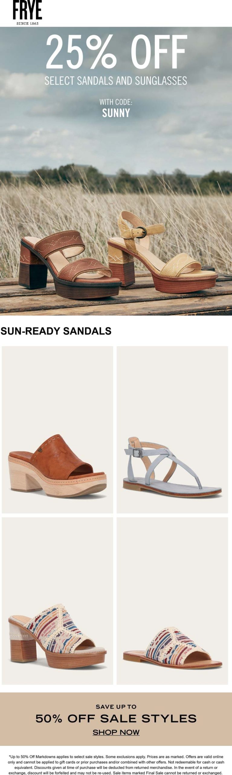25% off summer sandals & sunglasses at Frye via promo code SUNNY