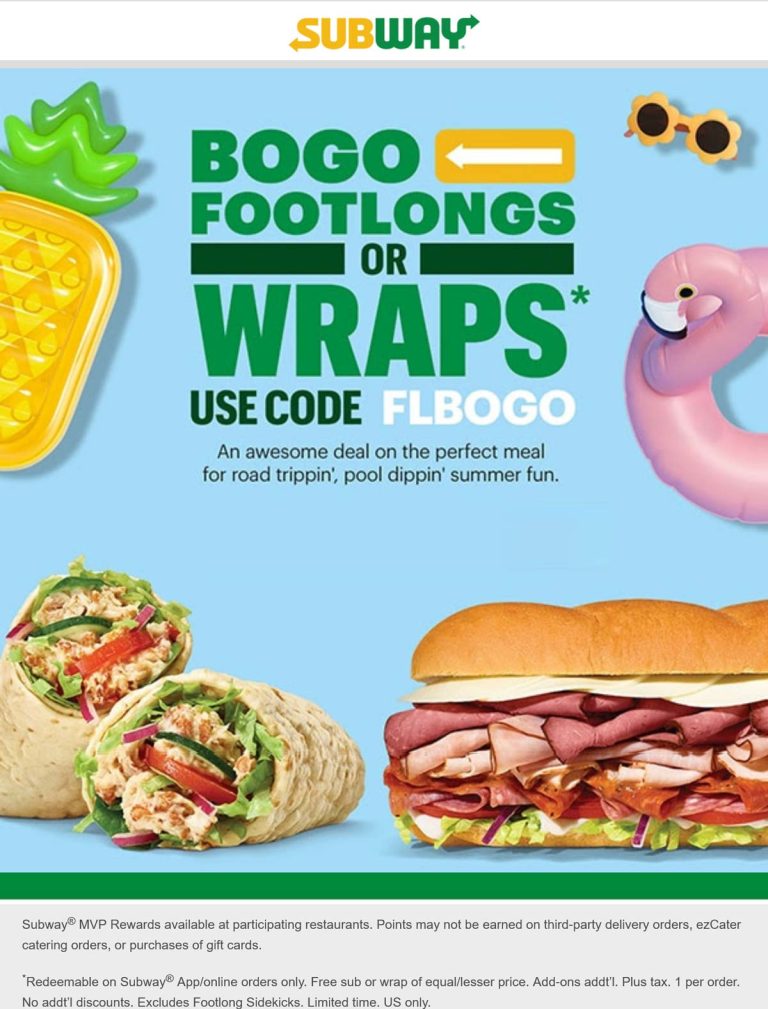 Second footlong sandwich free online at Subway via promo code FLBOGO