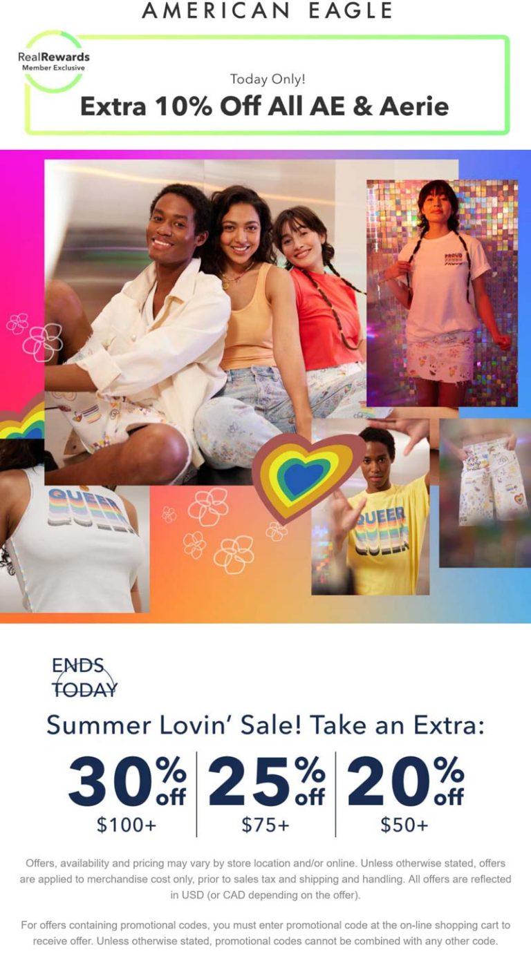 Extra 20-30% off $50+ today at American Eagle
