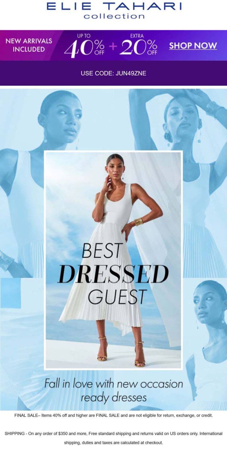 Extra 20% off at Elie Tahari via promo code JUN49ZNE