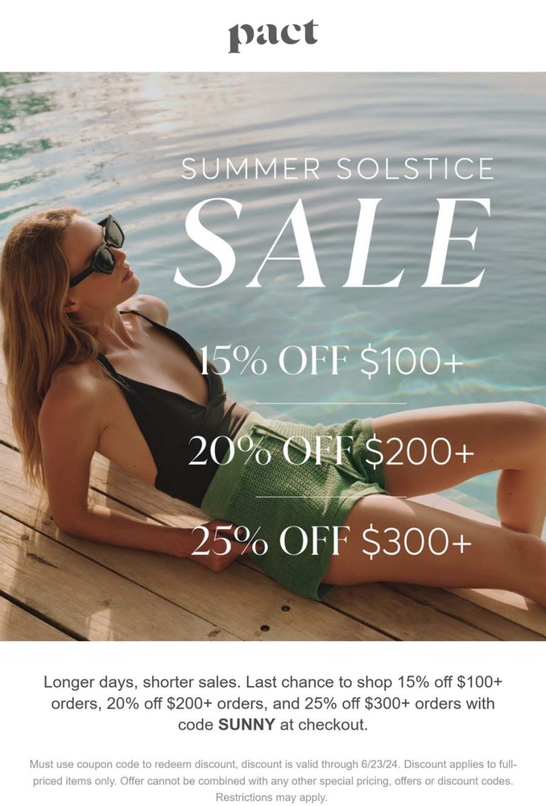 15-25% off $100+ today at PACT via promo code SUNNY