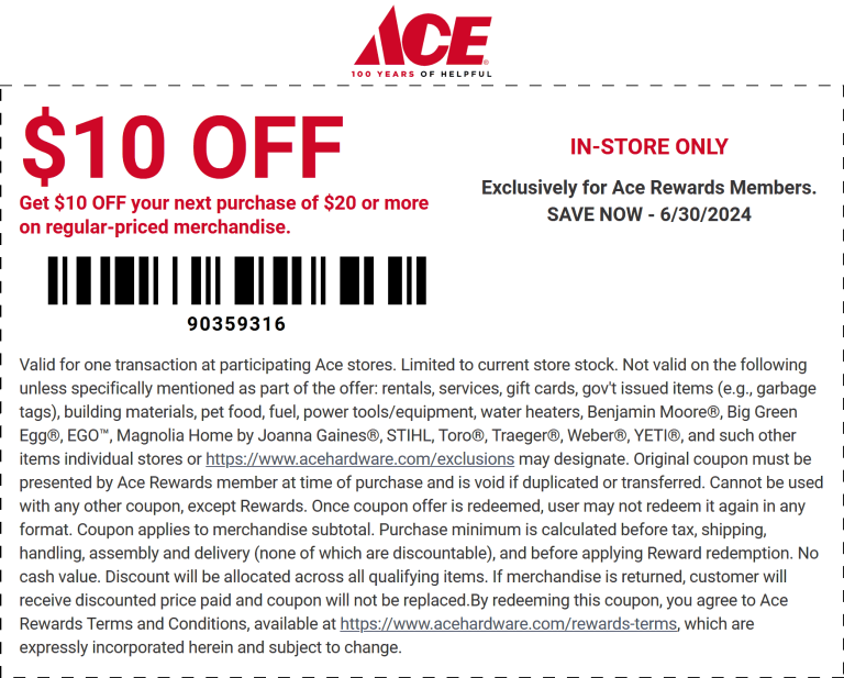 $10 off $20 at Ace Hardware