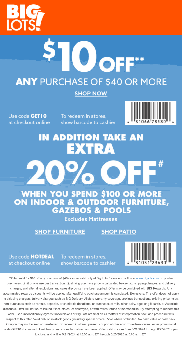 $10 off $40 & more at Big Lots, or online via promo code GET10
