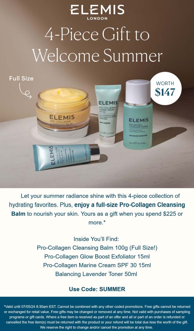 Free $147 4-piece on $225+ at Elemis via promo code SUMMER