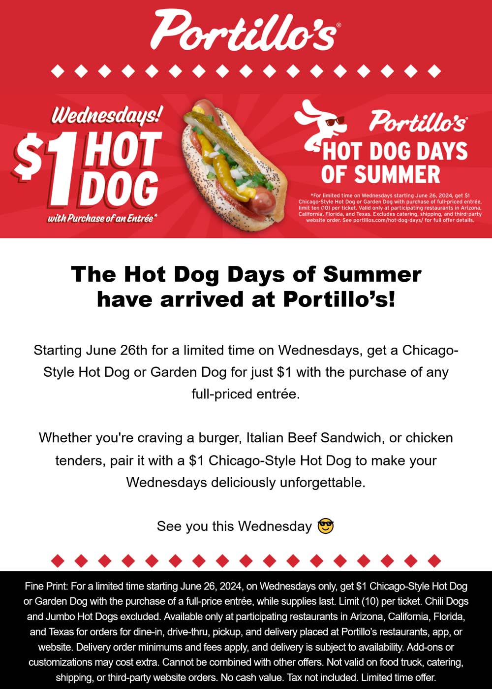 $1 Chicago dog with your entree Weds at Portillos #portillos - The ...