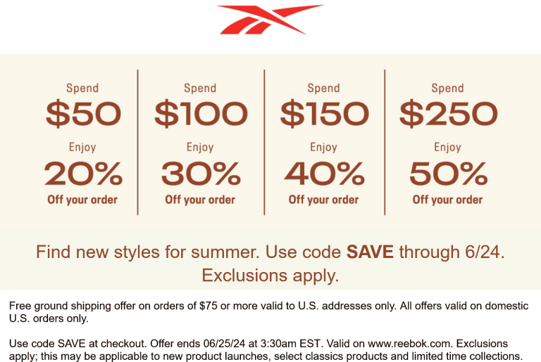 20-50% off $50+ today at Reebok via promo code SAVE