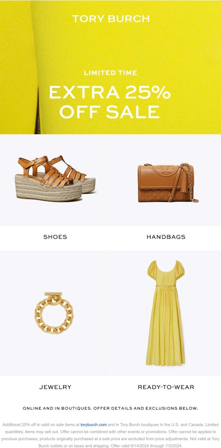 Extra 25% off sale items at Tory Burch, ditto online