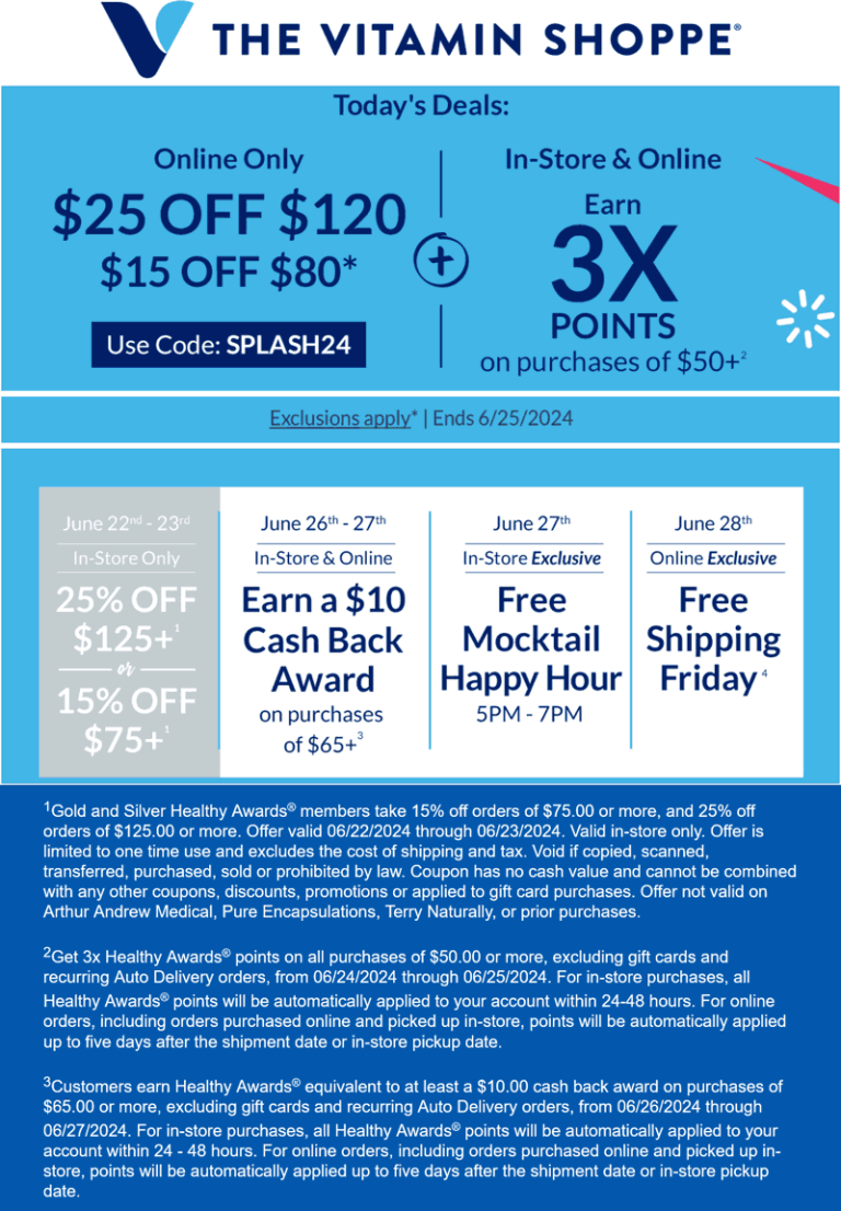 $15 off $80 & more at The Vitamin Shoppe via promo code SPLASH24