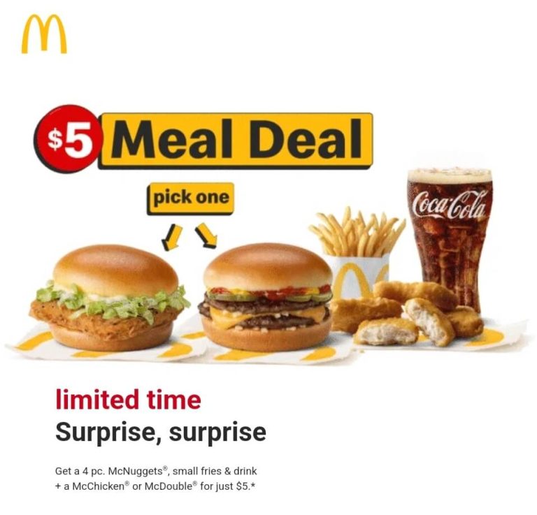 Double cheeseburger or chicken sandwich + 4pc nuggets + fries + drink = $5 at Mcdonalds