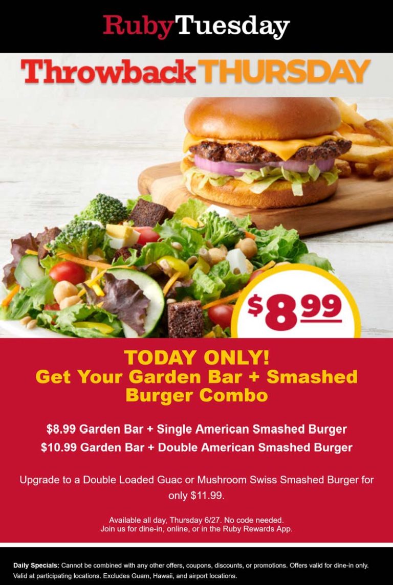 Cheeseburger + garden bar = $9 today at Ruby Tuesday